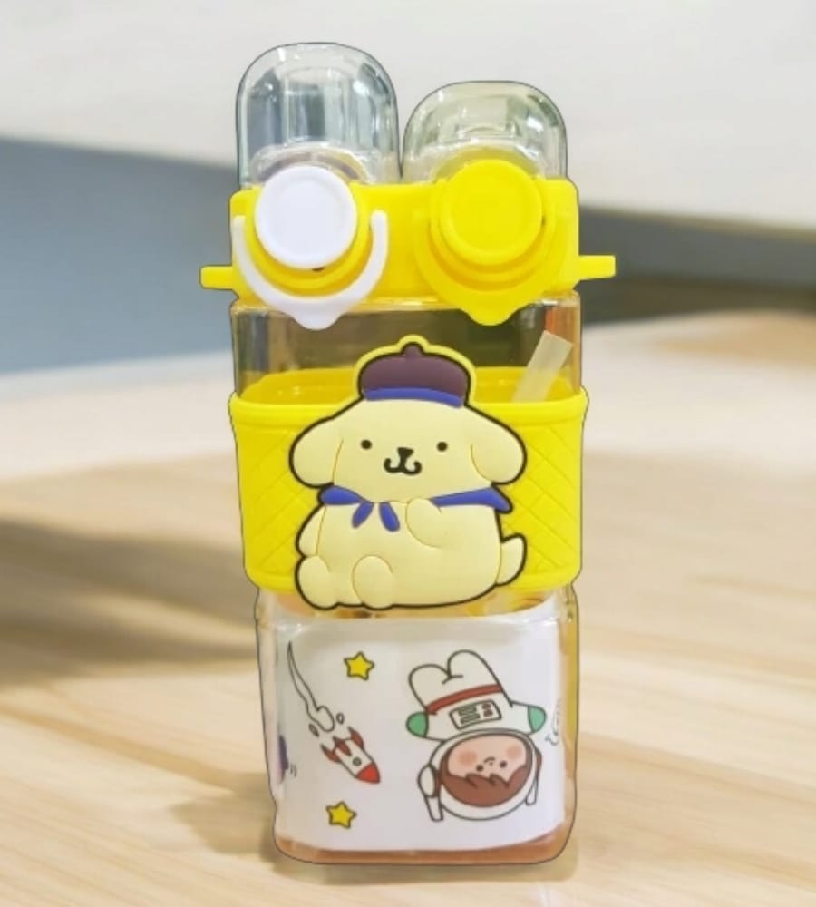 Cartoon Printed Square Sipper for Kids - Double Drinking Cup, Airtight & Leak-Proof 580 ML (Yellow)